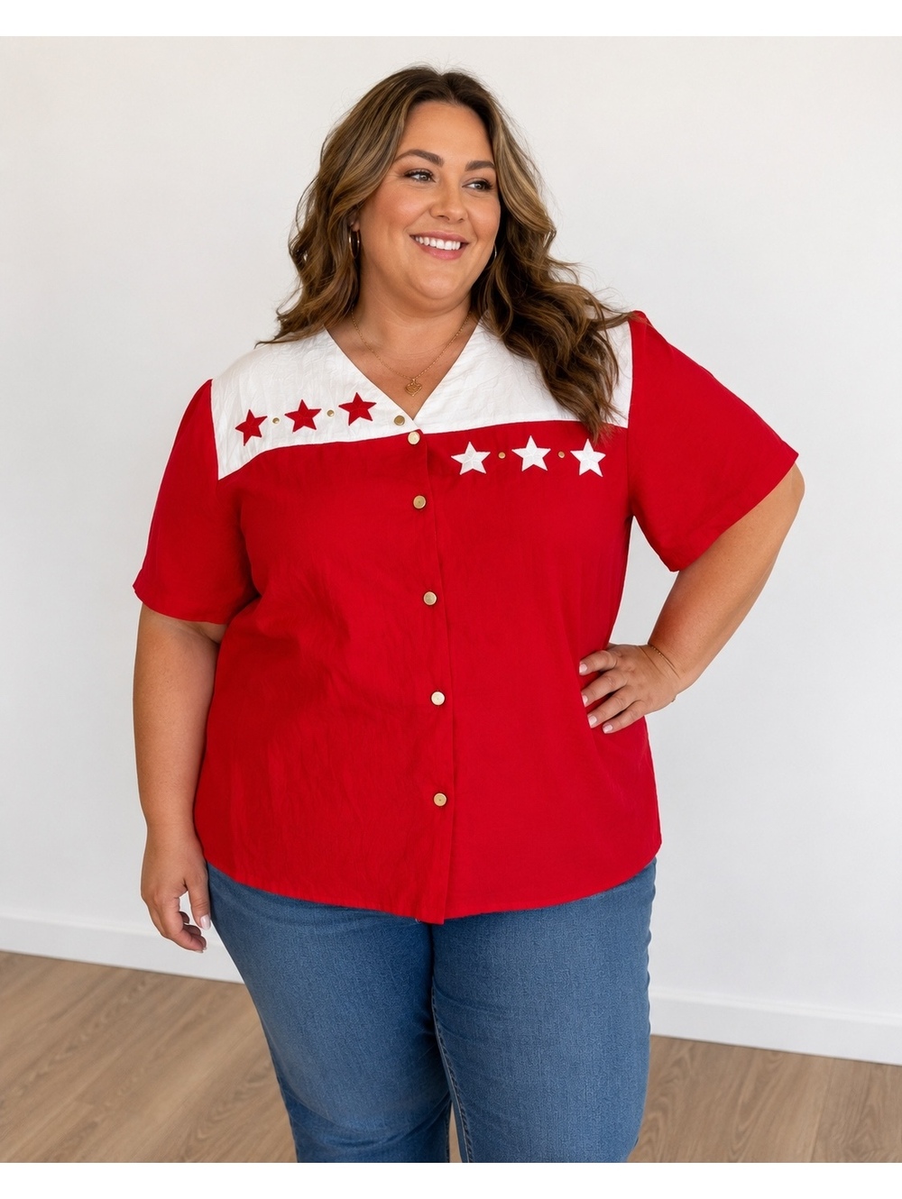 BonWorth Red White Star Button Front Blouse Women’s USA Americana Top XL?